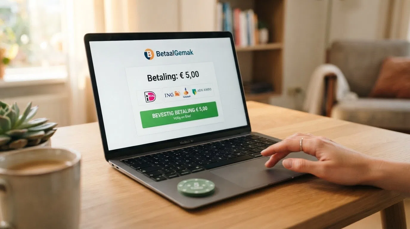 Het iDEAL-betaalscherm op een laptop met het logo van een Nederlandse bank en het bedrag van 5 euro ingevuld