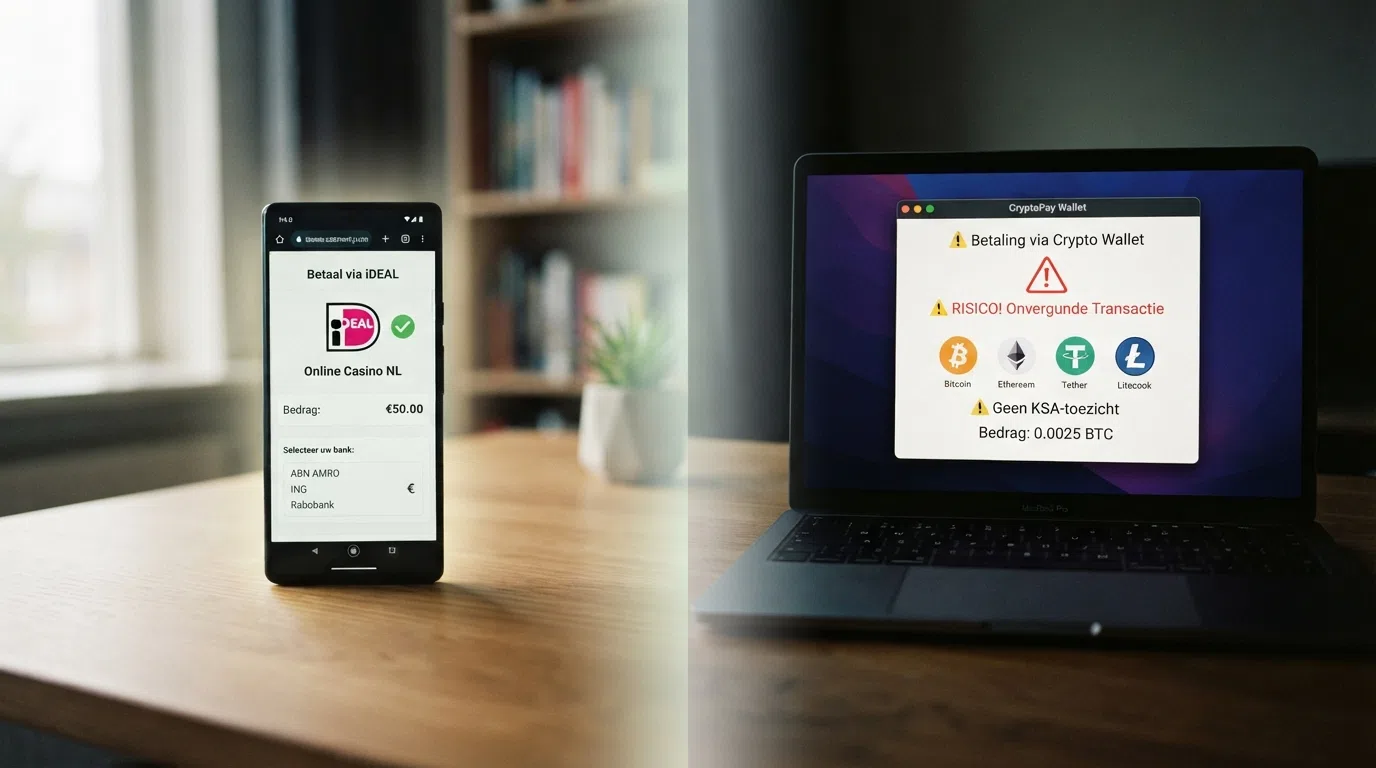 Een betaalscherm waarop iDEAL als optie met een groen vinkje naast een crypto-wallet-icoon met een waarschuwingssymbool staat