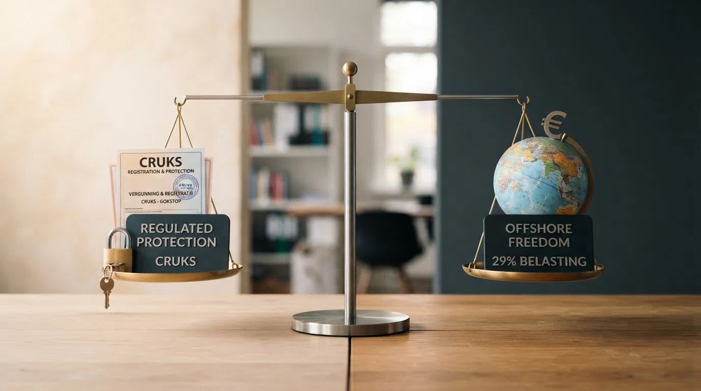 Een weegschaal met aan de ene kant een KSA-vergunning, een slotje en het woord “Cruks” en aan de andere kant een wereldbol met een dollarteken en de tekst “29% belasting”