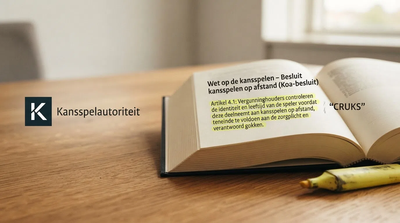 Het blauwe logo van de Kansspelautoriteit naast een geopend wetboek met een markeerstift op de tekst van artikel 4.1 Koa-besluit en het CRUKS-logo