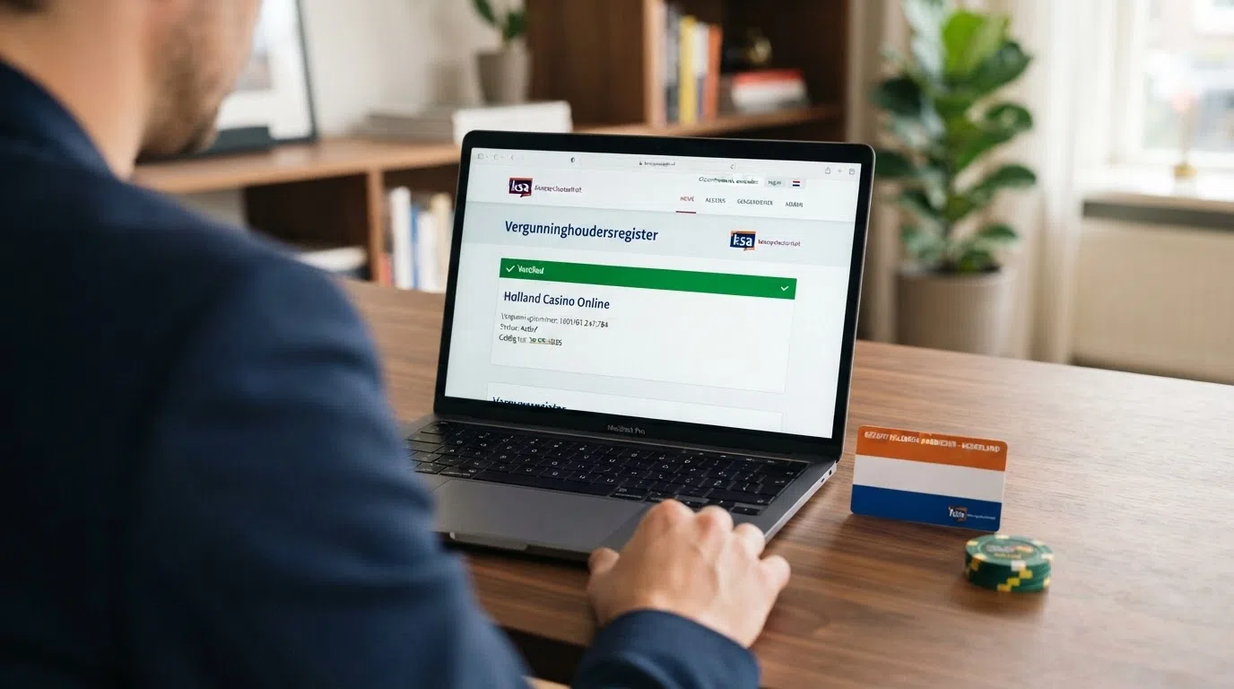 Het Ksa-logo naast een screenshot van het openbare vergunningenregister met een Nederlandse casinovergunning