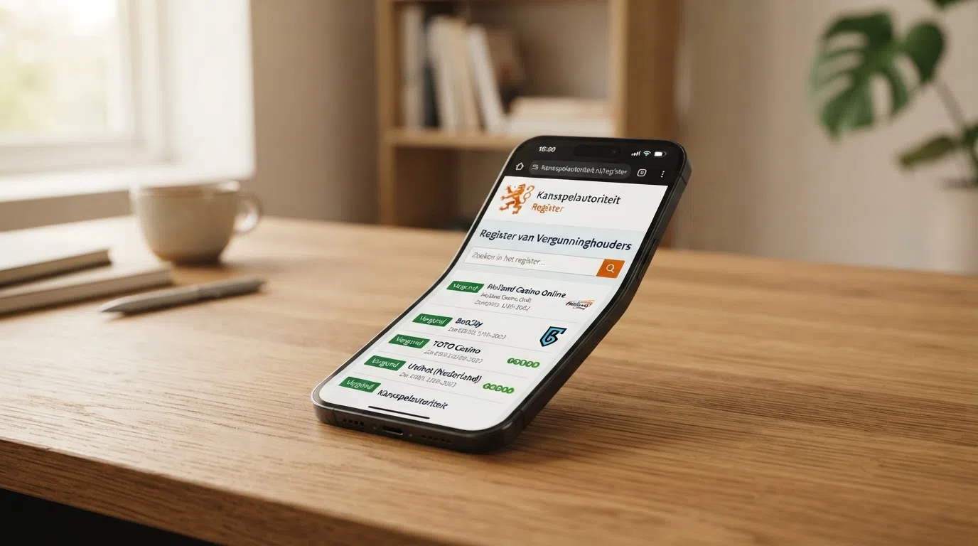 Het KSA-logo naast een smartphone die het Kansspelautoriteit-register toont met een ingevulde zoekbalk