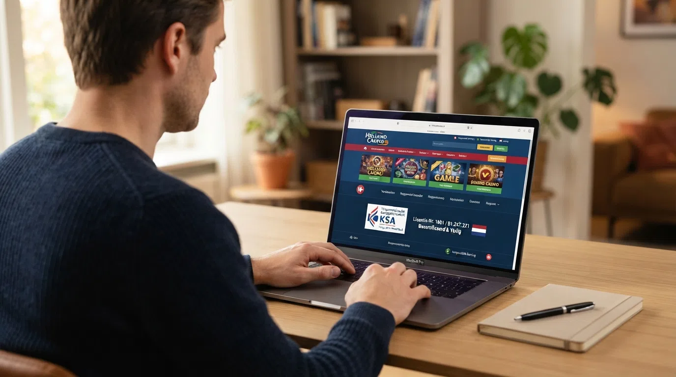 Het Kansspelautoriteit-keurmerk op de homepage van een Nederlands online casino met het vergunningnummer zichtbaar