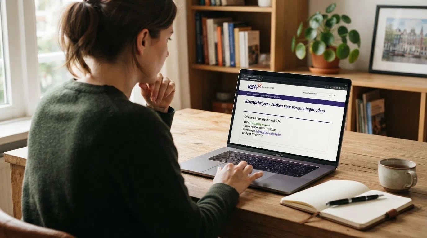 Een screenshot van de Kansspelwijzer-zoekpagina op kansspelautoriteit.nl met een vergunninghouder zichtbaar in het register
