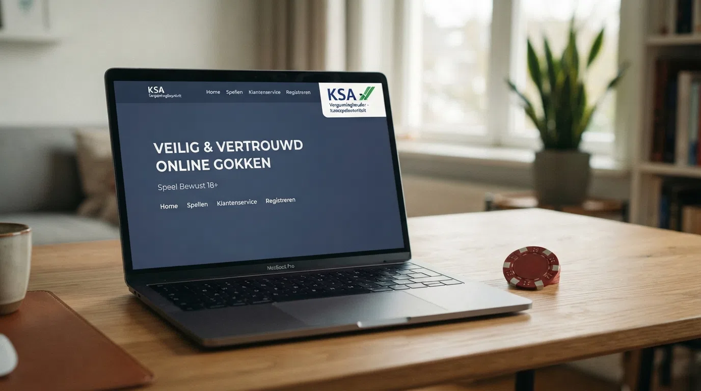 Het Kansspelautoriteit-keurmerk op de homepage van een Nederlands online casino, met een slot op de achtergrond dat veiligheid symboliseert