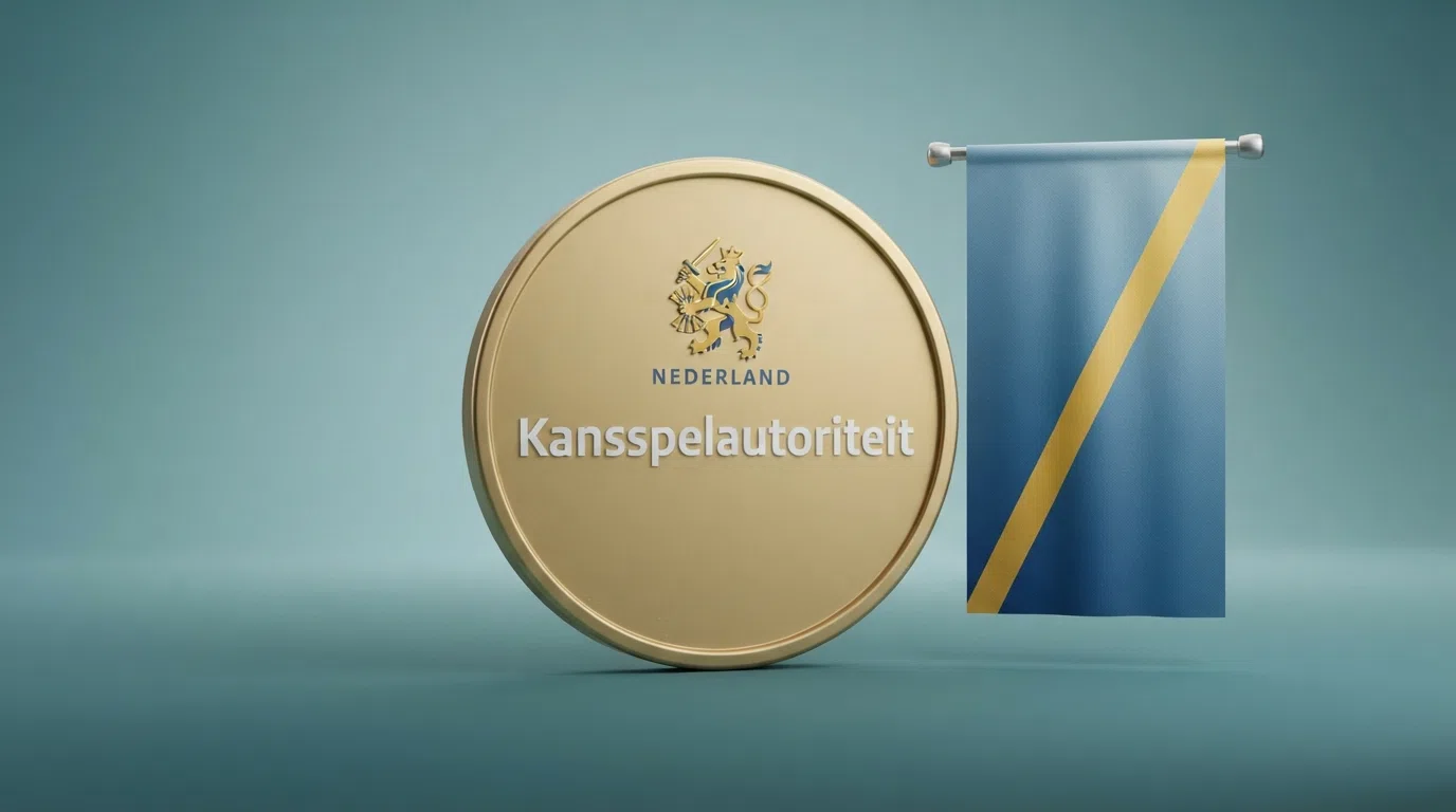 Nahaufnahme des KSA-Lizenzsiegels auf der Webseite eines Casinos, daneben die EU-Flagge und der Schriftzug “Kansspelautoriteit”