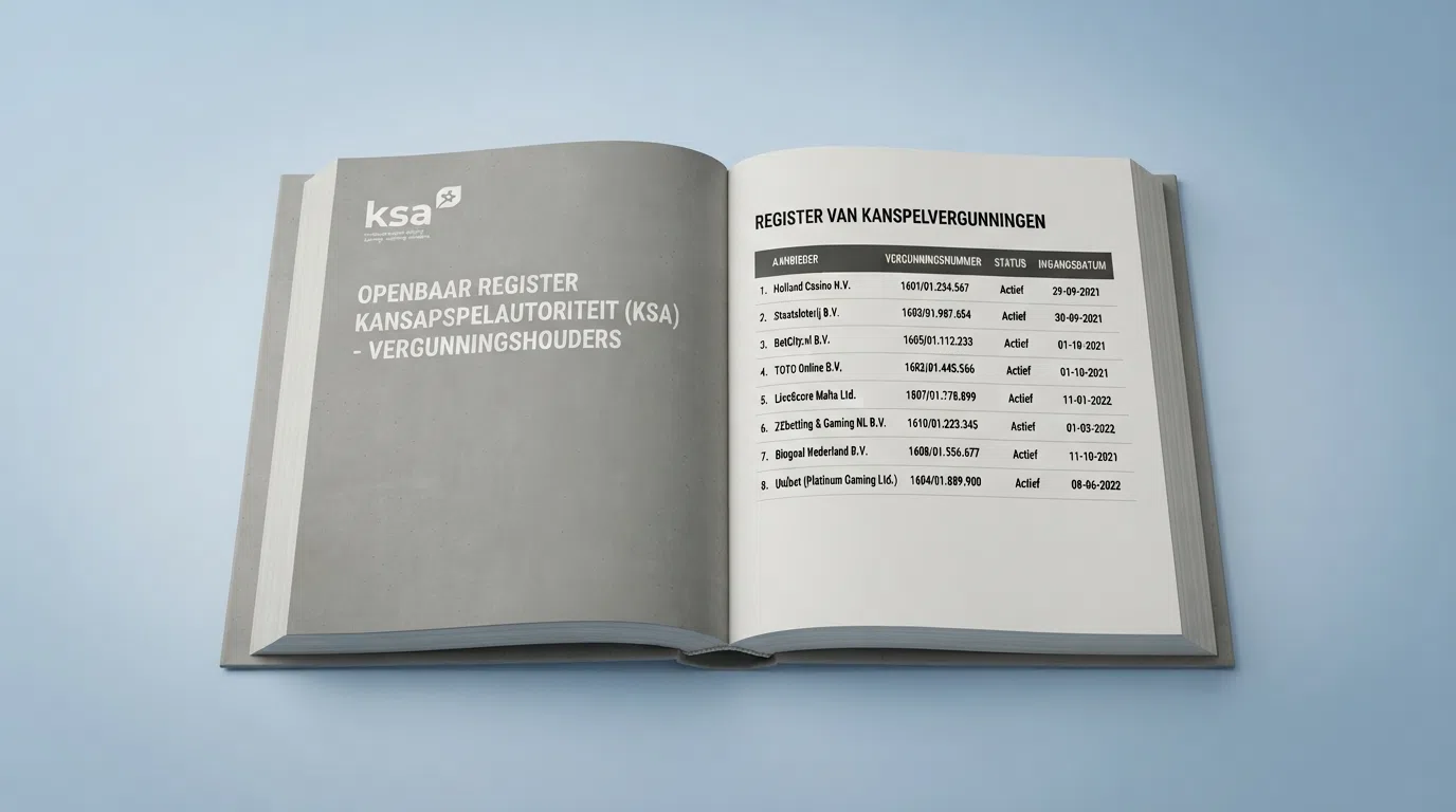 Het openbare KSA-vergunningenregister op kansspelautoriteit.nl met zichtbare licentiegegevens van Nederlandse aanbieders