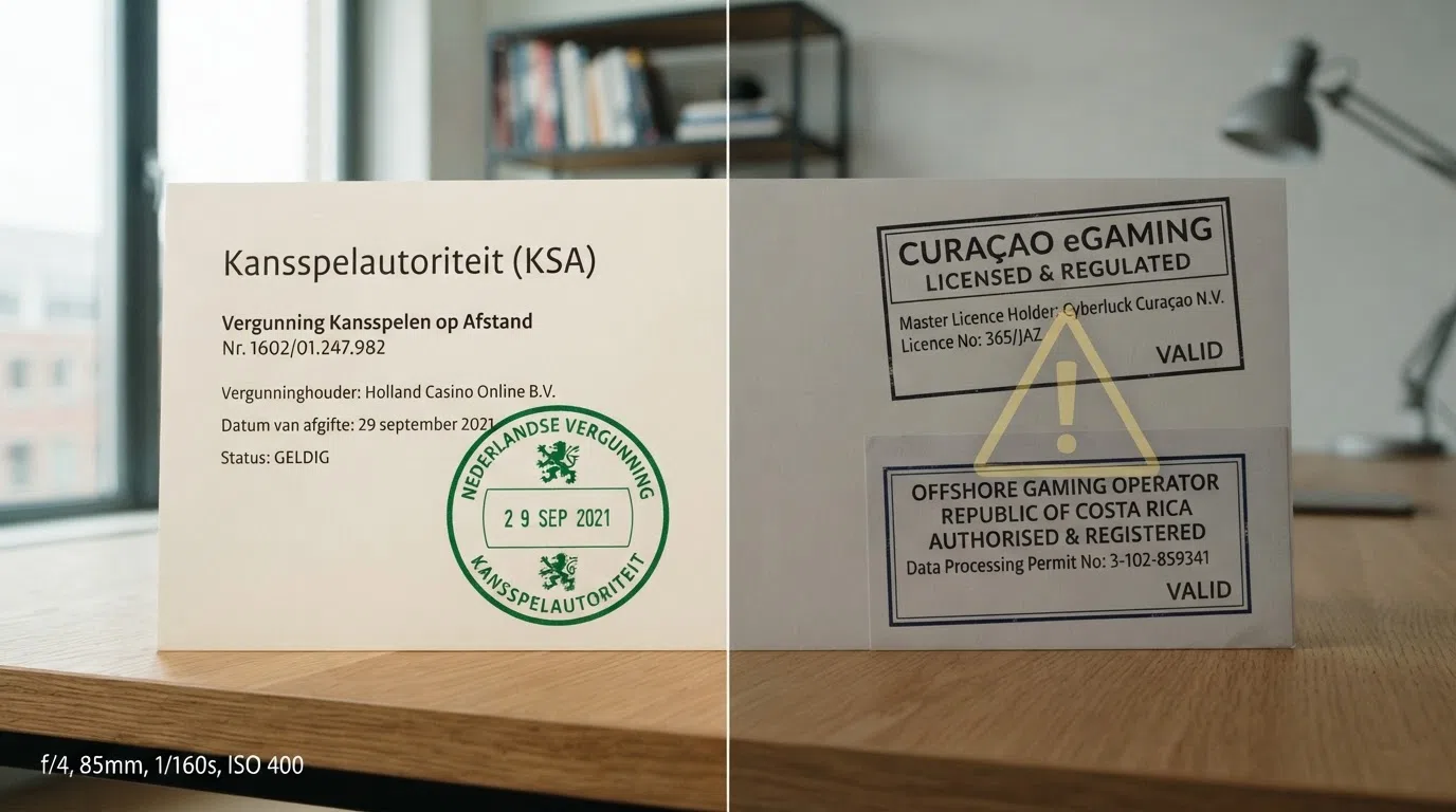 Het logo van de Kansspelautoriteit naast de vergunningsstempels van Curaçao eGaming en een Costa Ricaanse dataprocessing-registratie, gescheiden door een duidelijk keurmerksymbool aan de KSA-zijde