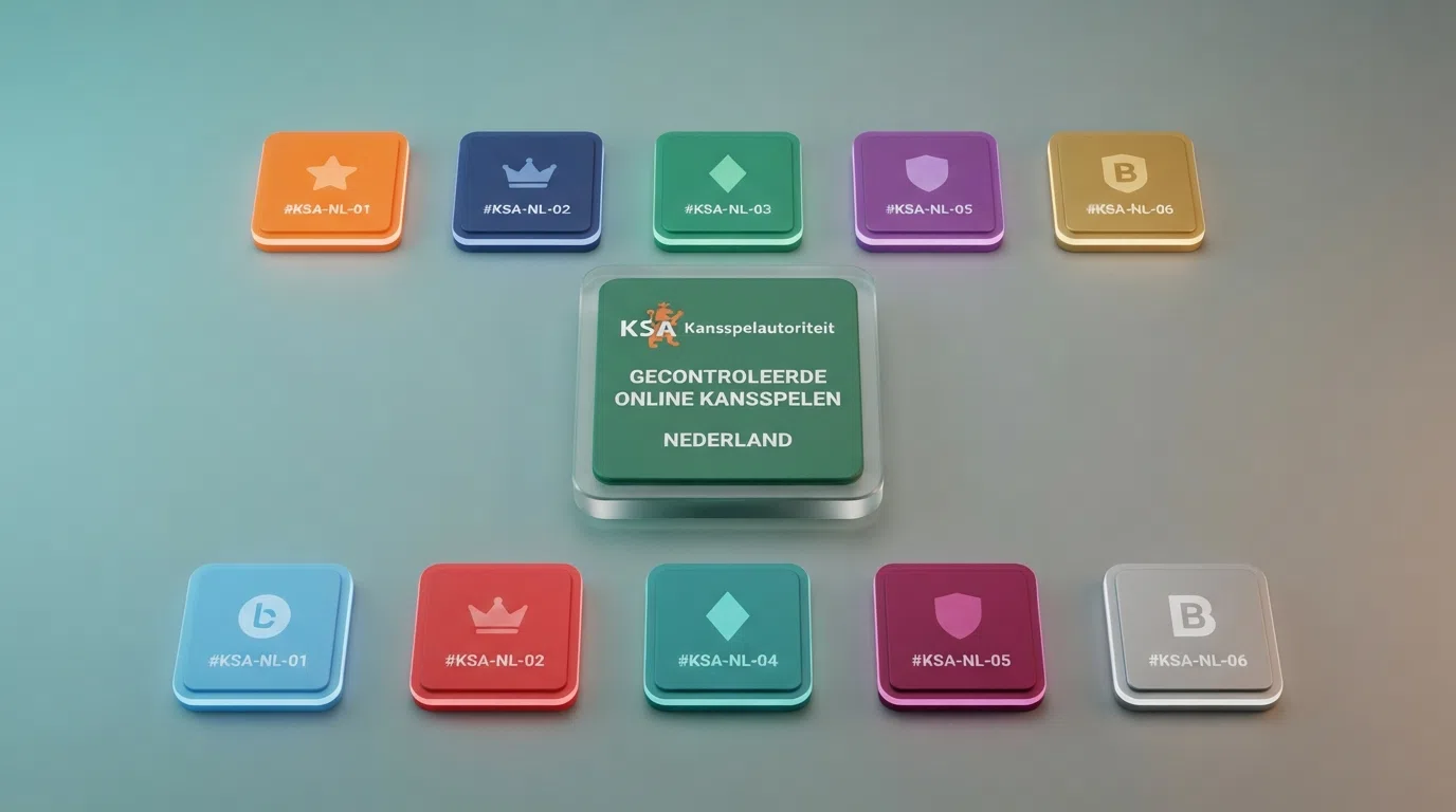 De logo's van de tien besproken KSA-vergunde casino's in een rasteropstelling, met een groen vinkje en het KSA-logo als keurmerk