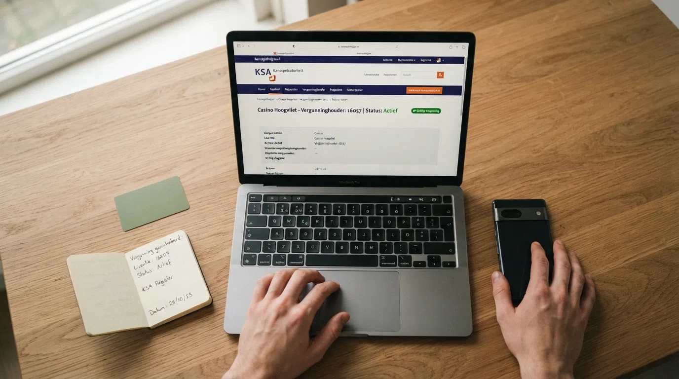 Screenshot van het KSA-register op de Kansspelwijzer met een opgezochte casino-vergunning