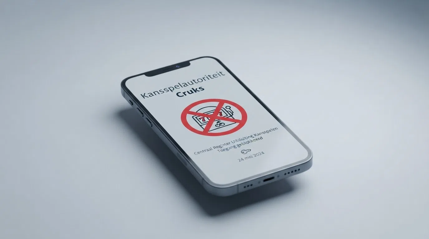 Een close-up van een smartphone met het Kansspelautoriteit-logo naast de tekst “Cruks” en een geblokkeerd slotsymbool