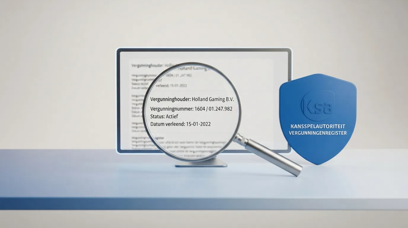 Een close-up van het Ksa-vergunningenregister op kansspelautoriteit.nl, met een vergunninghouder zichtbaar in de lijst en het Cruks-logo ernaast