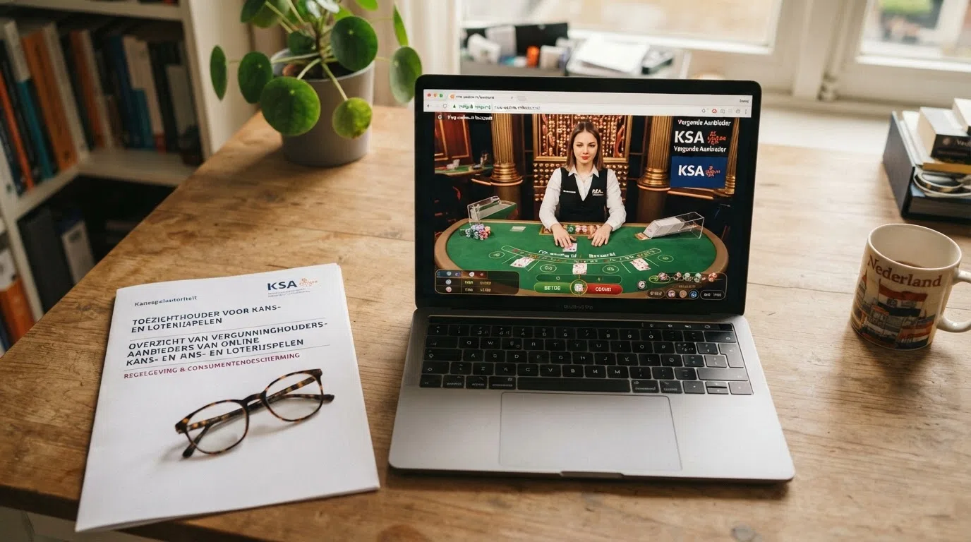 Het logo van de Kansspelautoriteit naast een live baccarat-tafel op een laptopscherm met een slotje in de adresbalk.