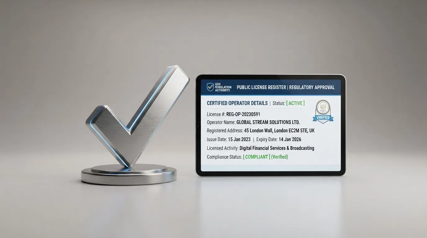 Het logo van de Kansspelautoriteit naast een screenshot van het openbare KSA-vergunningenregister met een groen vinkje bij een operator.