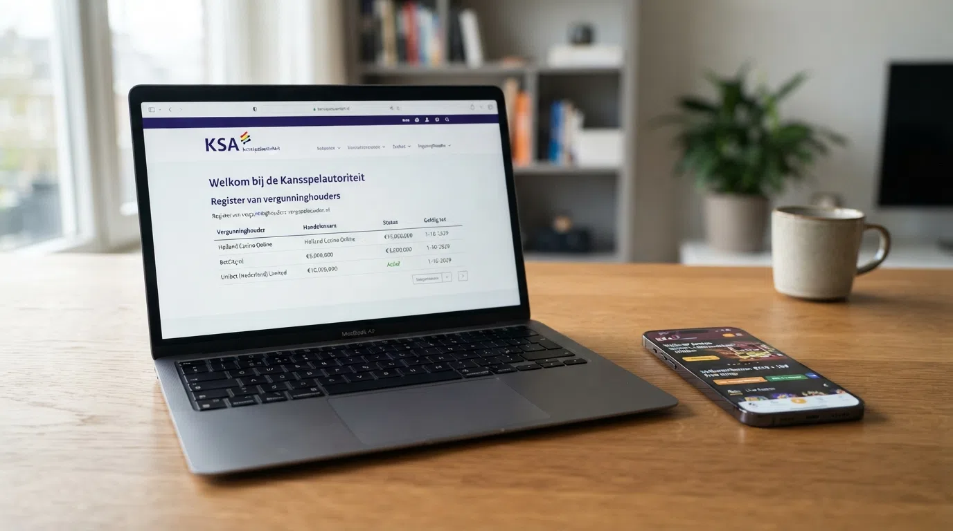 Een laptopscherm met het KSA-vergunningregister geopend en een smartphone ernaast met dezelfde casino-app — de verbinding tussen controle en praktijk
