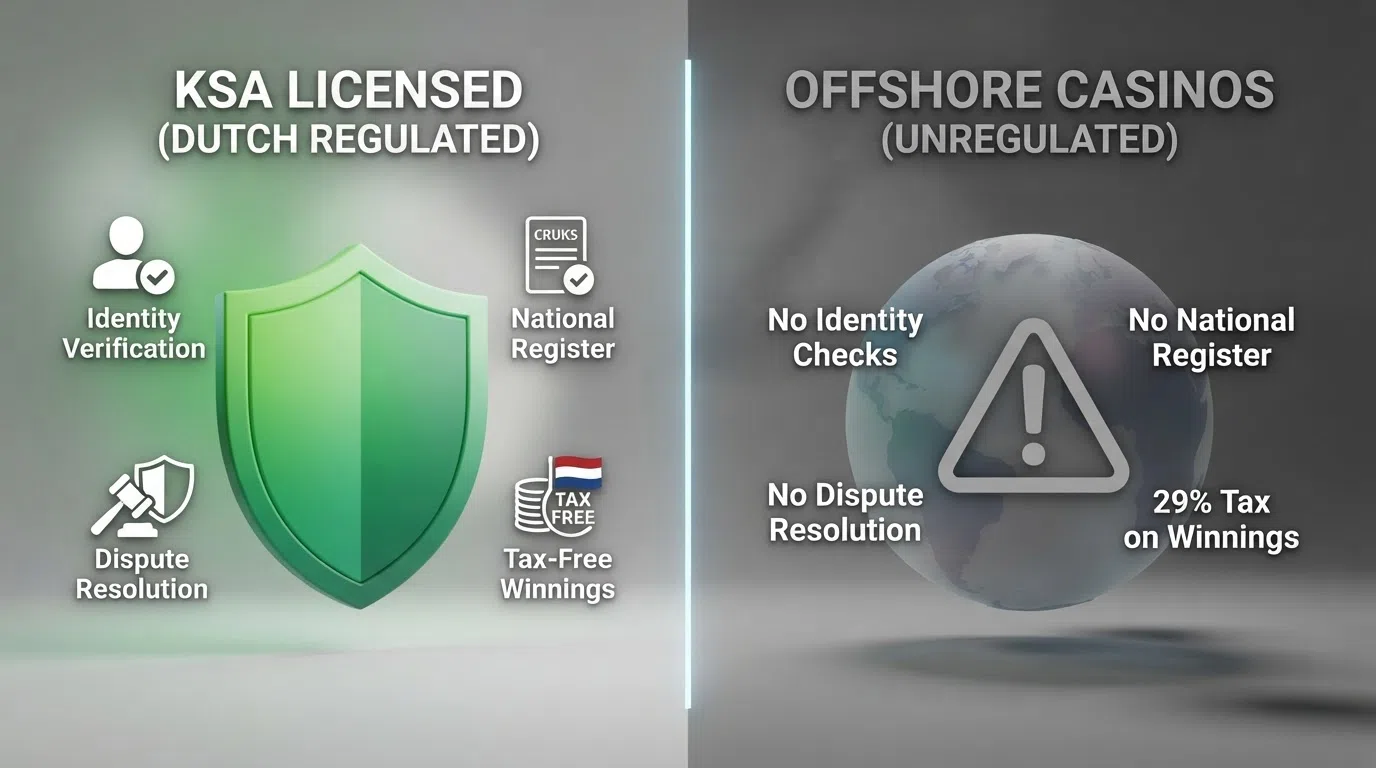 Een schematische zij-aan-zij-vergelijking met links het groene KSA-logo met de tekst “Cruks · iDIN · Geschillenbeslechting · Belastingvrij” en rechts een grijs waarschuwingssymbool met “Geen Cruks · Geen ID-check · Geen loket · 29% belasting”
