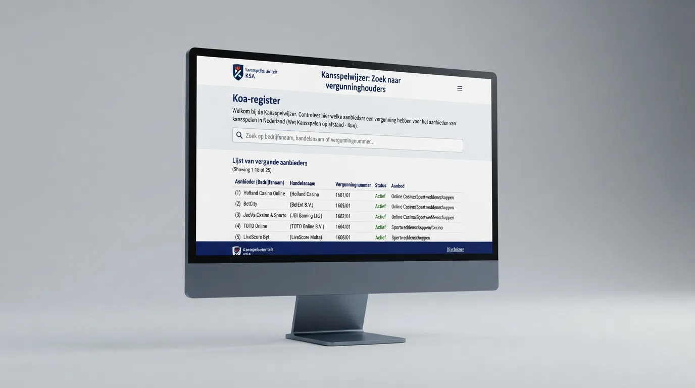 Het scherm van de Kansspelwijzer op kansspelautoriteit.nl, het openbare register waarin elke speler actieve Koa-vergunningen kan controleren
