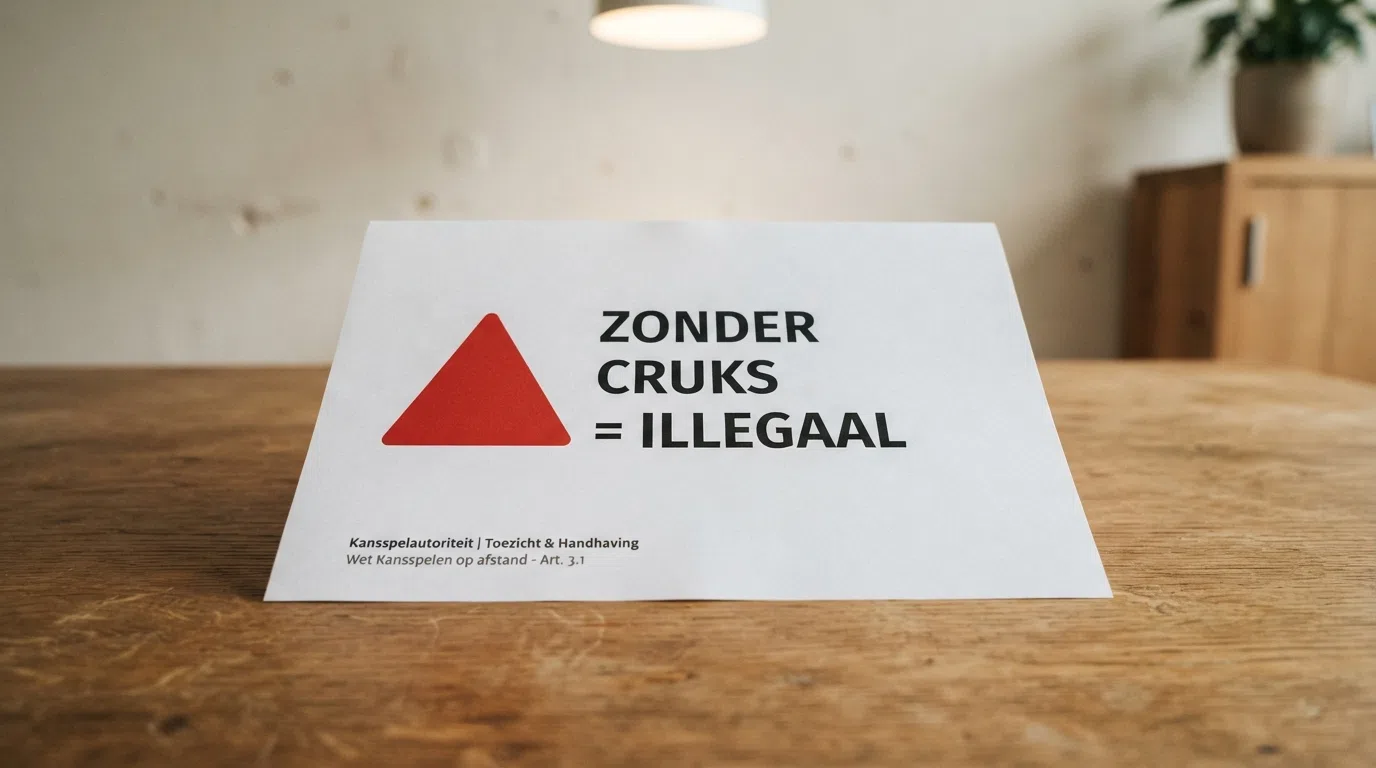 Een rood waarschuwingsdriehoekje naast het KSA-logo, met de tekst “Zonder CRUKS = Illegaal” in een duidelijk Nederlands lettertype.