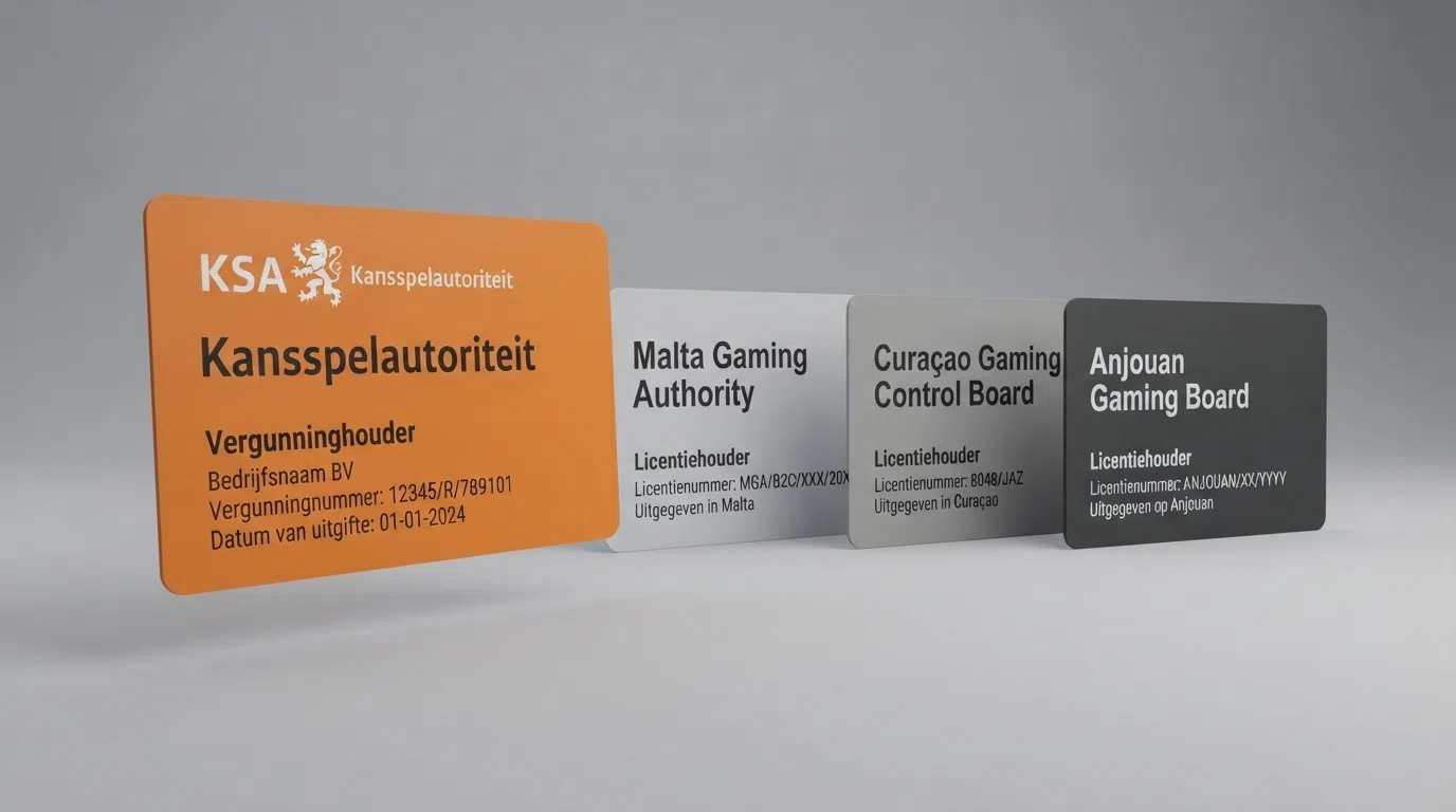 Het logo van de Kansspelautoriteit naast de logo's van drie veelgebruikte offshore-kansspellicenties: Curaçao, Malta Gaming Authority en Anjouan