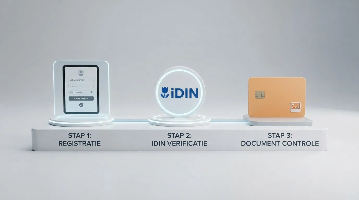 Een schematische weergave van het KYC-proces: drie opeenvolgende stappen van registratieformulier via iDIN-logo naar identiteitsbewijs, met een slot op de achtergrond