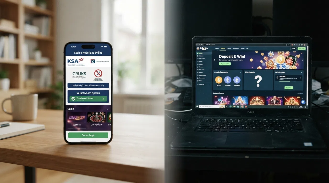 Een split-screen: links een vergund casino met KSA-logo, Cruks-icoon en geschillenloket, rechts een offshore site zonder logo's en een vraagteken bij de uitbetaling