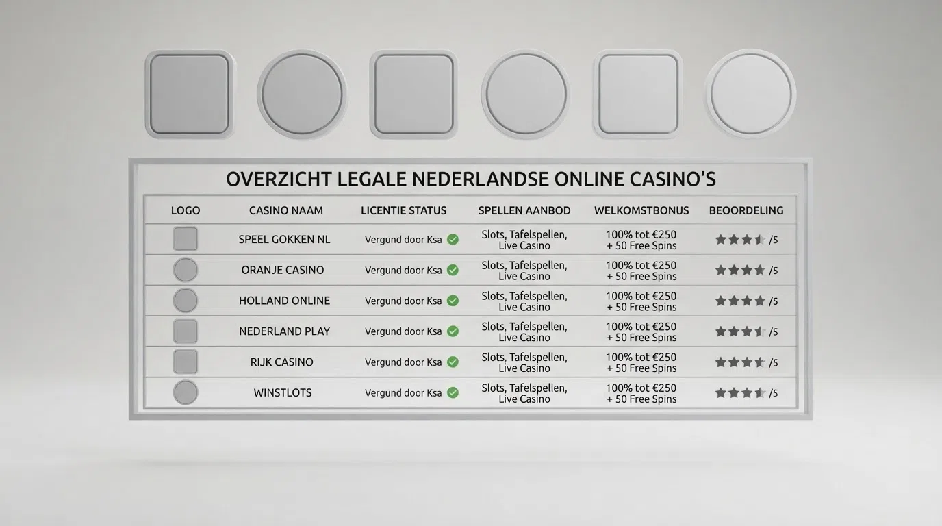 Een raster van zes Nederlandse casino-logo's — TOTO, Holland Casino, Kansino, Jacks, Unibet en Circus — boven een tabel met licentiestatus en bonusvoorwaarden