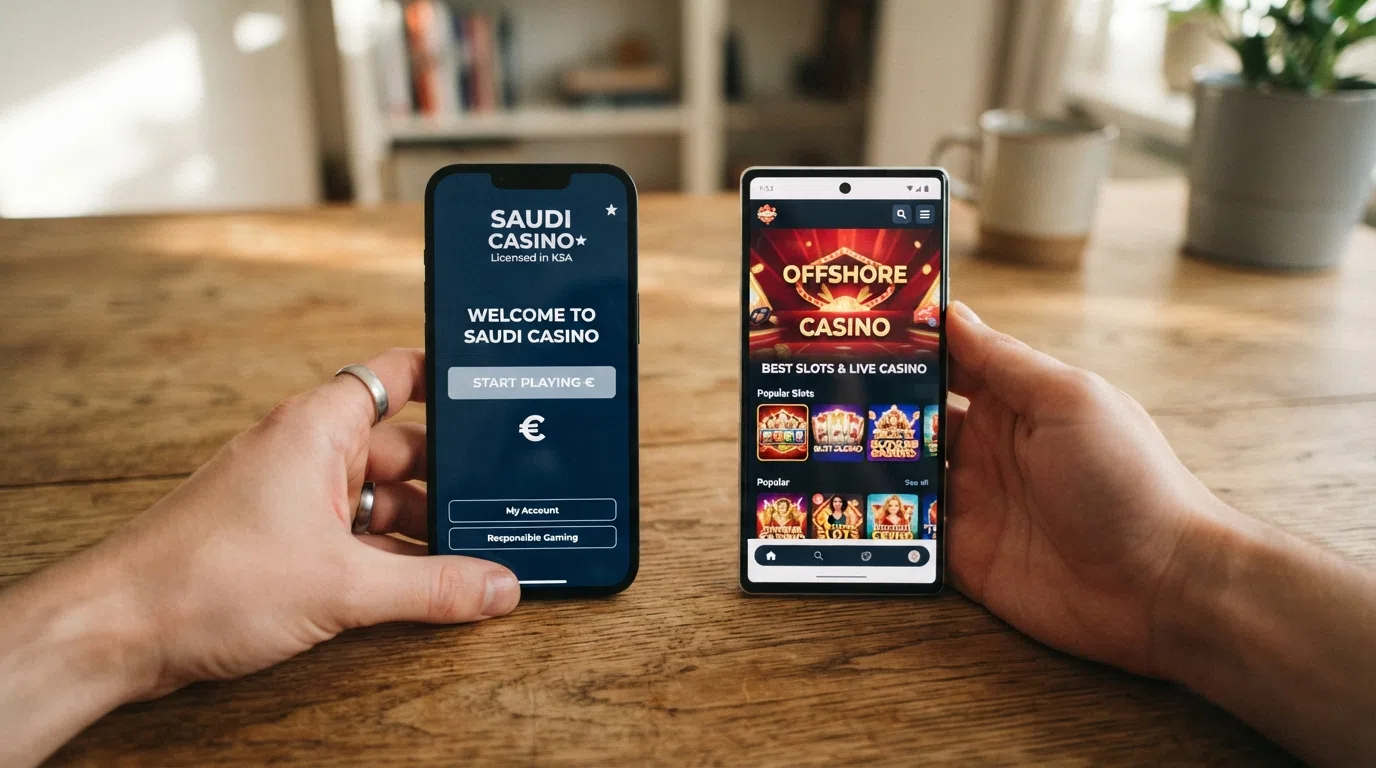 Een split-screen van een Nederlandse KSA-vergunning naast een offshore casino-interface zonder Cruks-controle