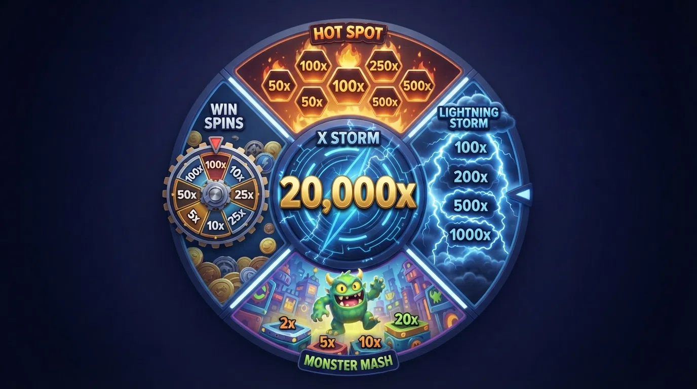 Een overzicht van de vijf Lightning Storm-bonusrondes — Hot Spot, Lightning Storm, Monster Mash, Win Spins en X Storm — elk met eigen speelveld en vermenigvuldigers.