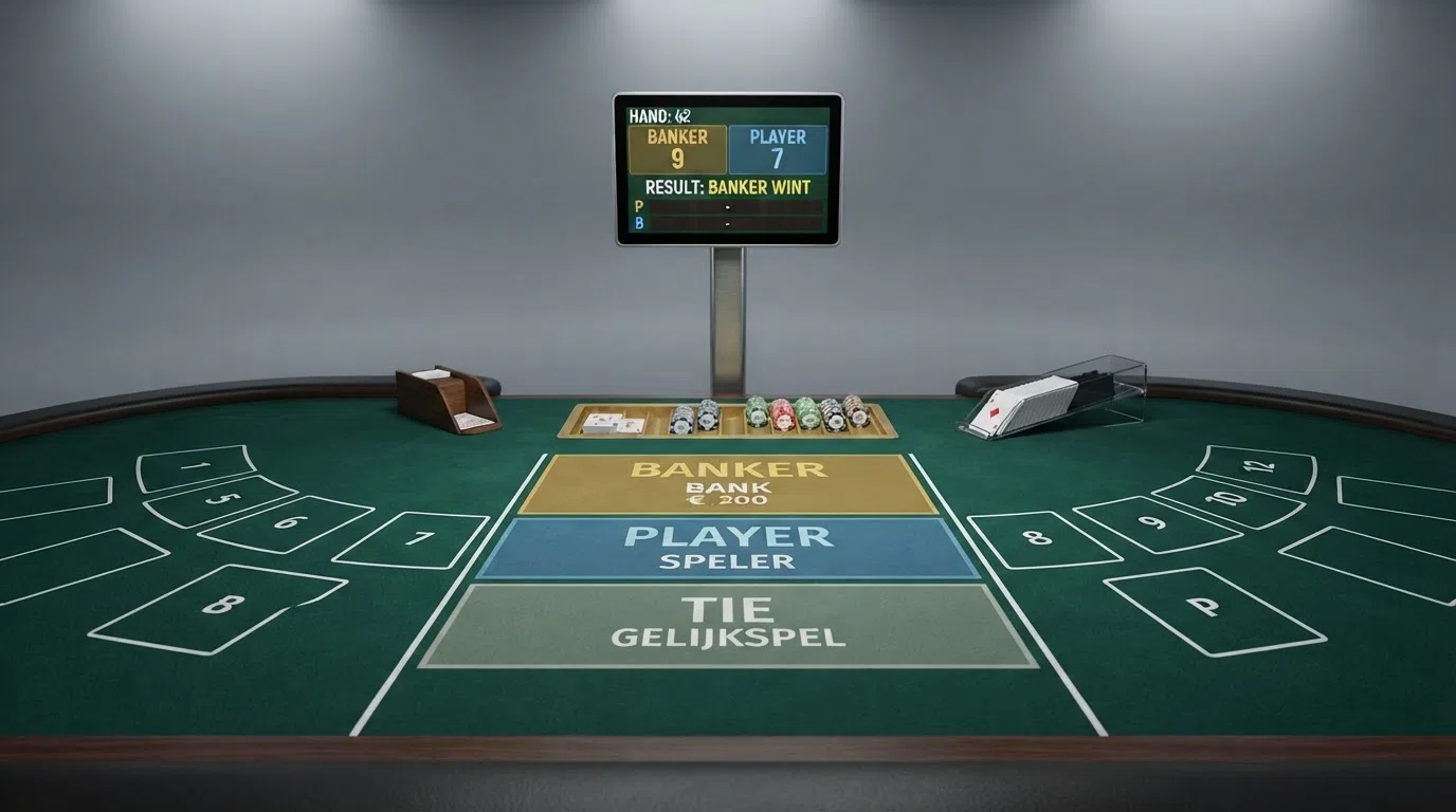Close-up van een live baccarat-tafel met de inzetvakken Banker, Player en Tie, en het scorebord op de achtergrond.