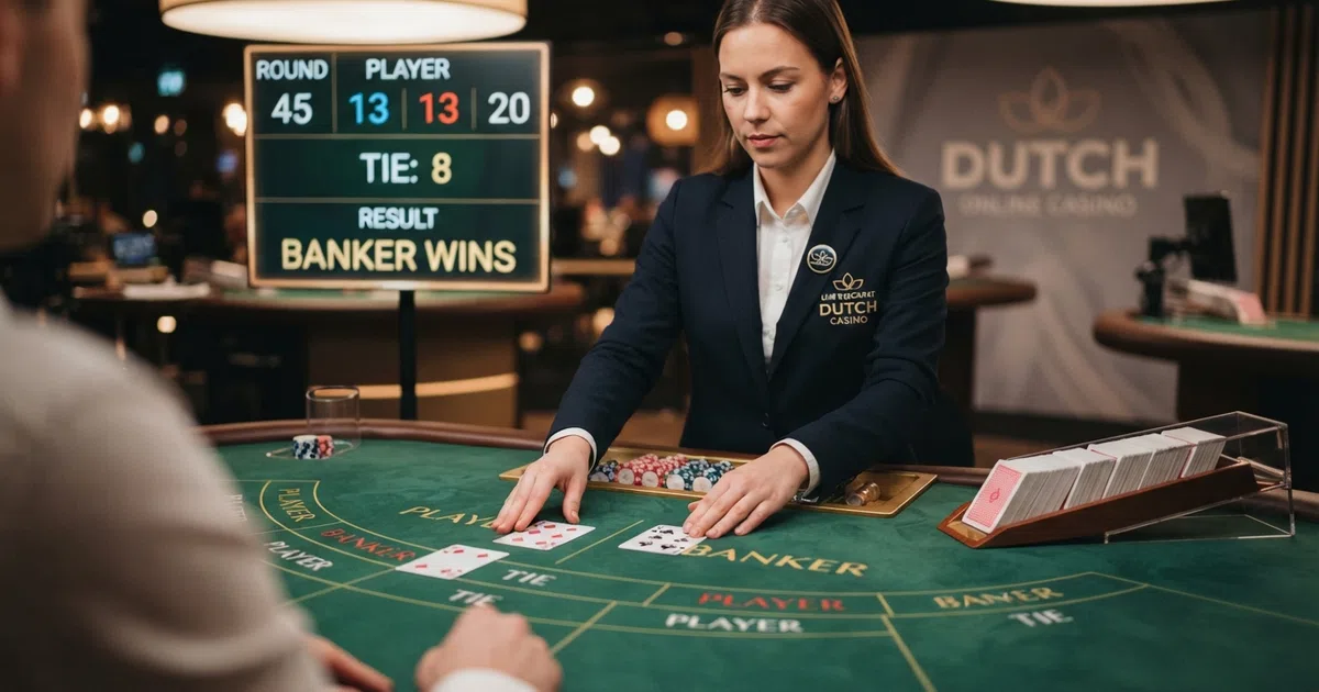 Een live dealer aan een echte baccarat-tafel met kaarten en een scorebord, gestreamd vanuit een casino-studio.