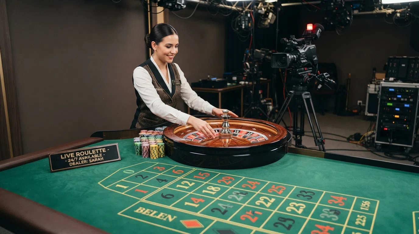 Een live roulette-dealer in een casino-studio met camerabewaking en een draaiend wiel