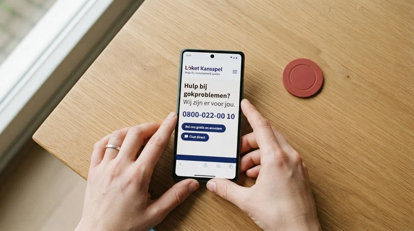 De homepage van loketkansspel.nl op een telefoonscherm met het telefoonnummer 0800-022-00-10 prominent in beeld
