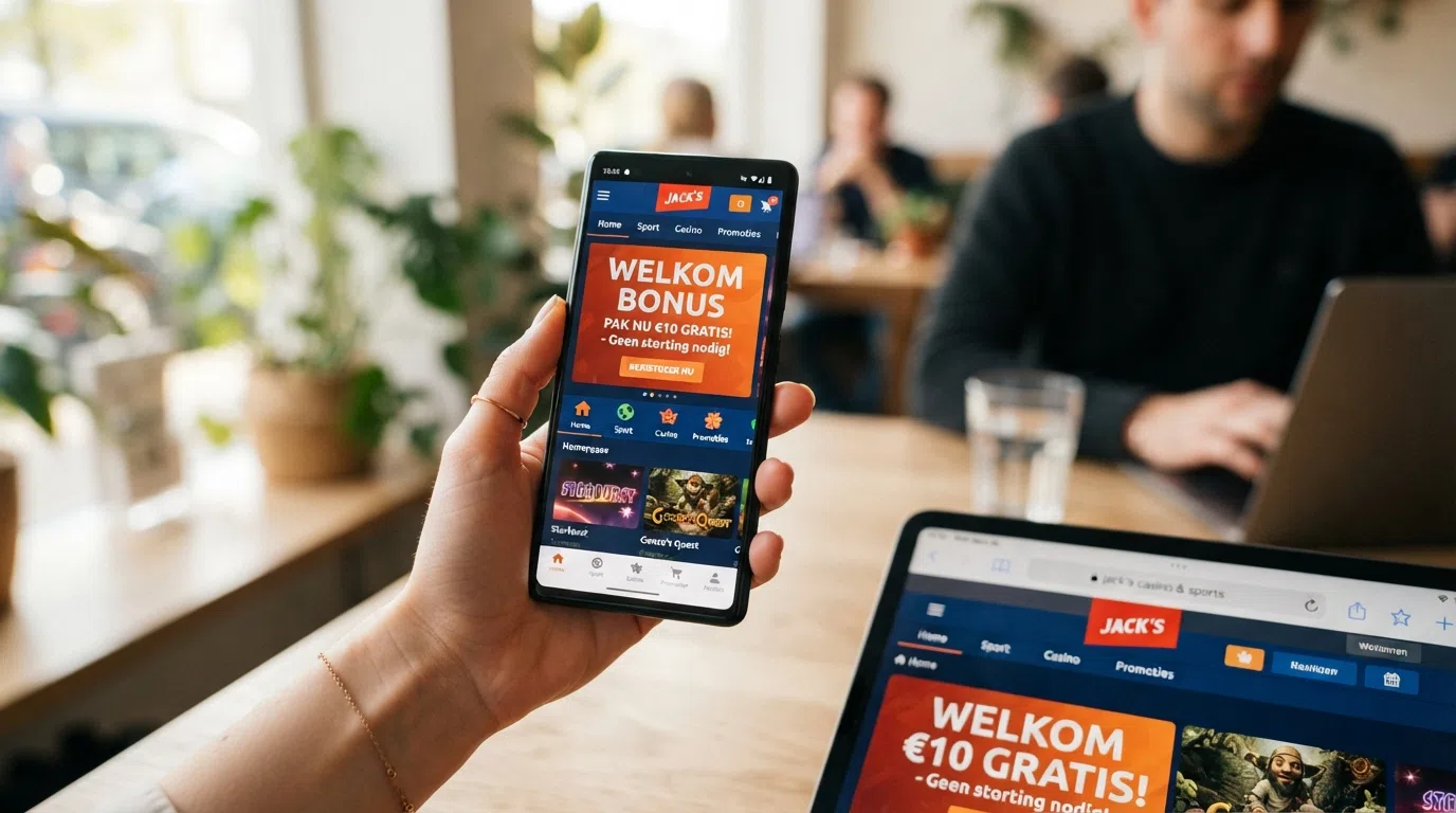 Een hand die een smartphone vasthoudt met een casino-app in beeld, naast dezelfde casinosite geopend in een mobiele browser op een tablet.