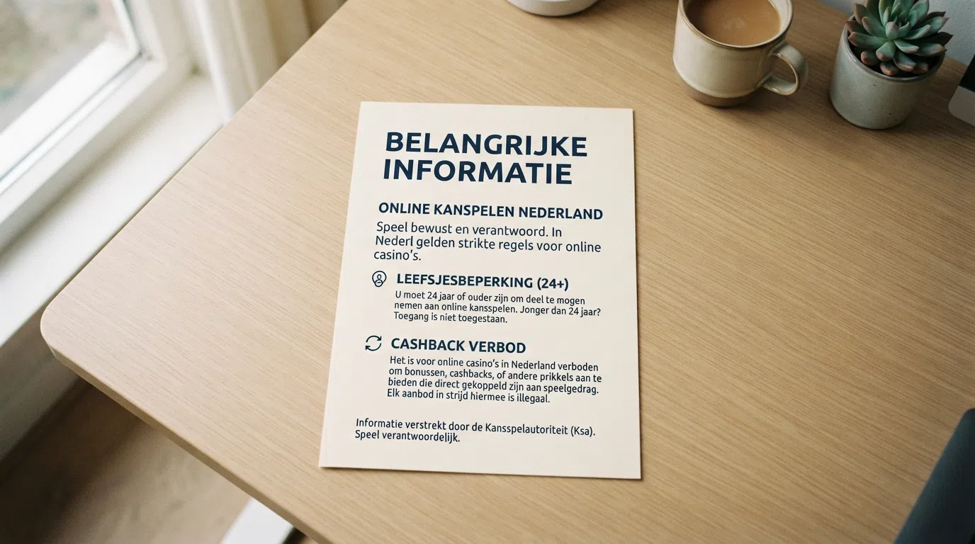 Het logo van de Kansspelautoriteit naast een waarschuwingstekst over de 24+-leeftijdsgrens en het cashback-verbod voor Nederlandse online casino's