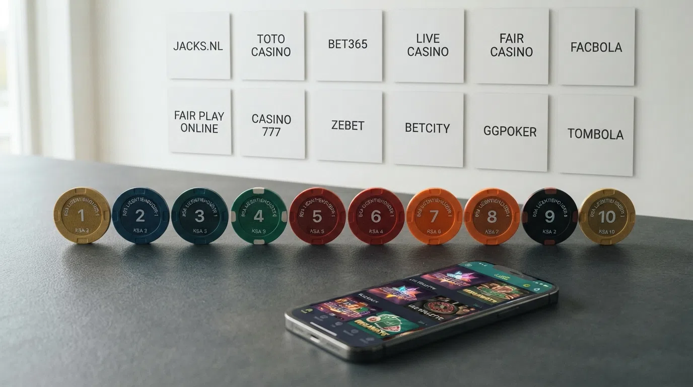 Een rij van tien casino-logo's (Toto, Holland Casino, BetCity, Kansino, Jack's, Bet365, Unibet, Circus, Bingoal, LiveScore Bet) onder elkaar met naast elk logo het type welkomstaanbod in een gekleurde badge