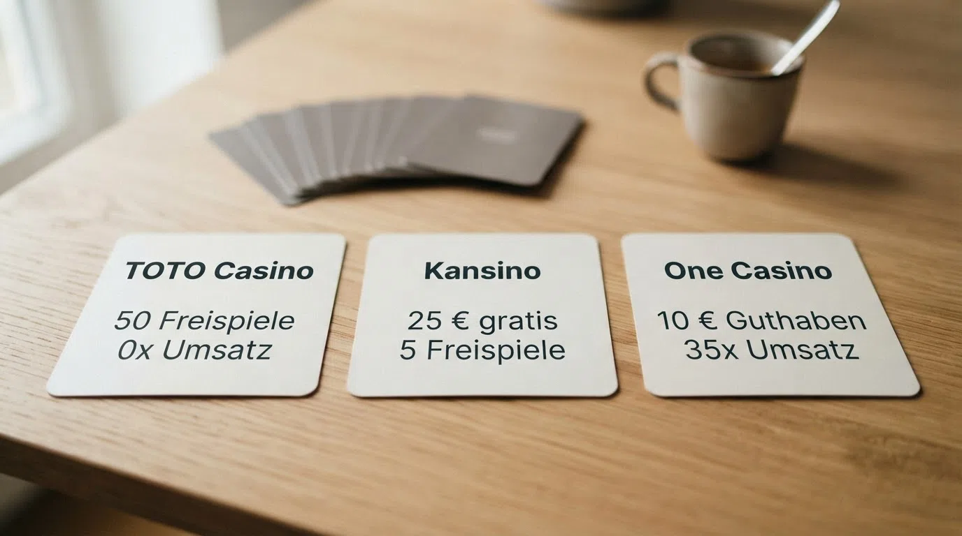 Übersichtliche grafische Darstellung der drei No-Deposit-Angebote mit ihren Konditionen nebeneinander, die übrigen sieben Betreiber als ausgegraute Karten im Hintergrund