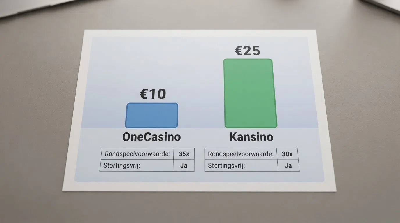 Een overzichtelijke vergelijkingstabel van twee no-deposit aanbieders met hun bonusbedrag, rondspeelvoorwaarde en stortingsvrij-kenmerk naast elkaar