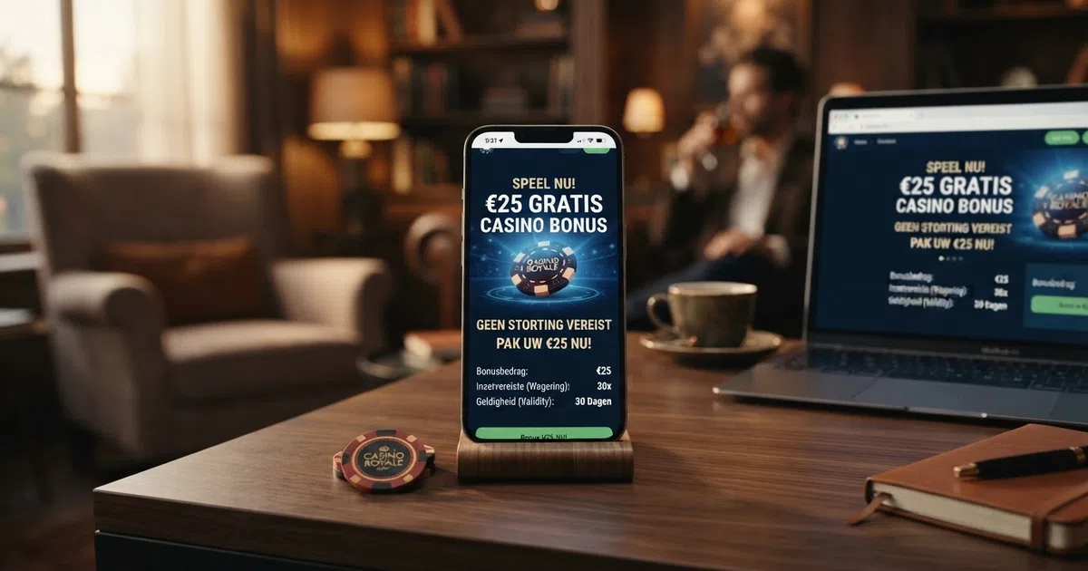Een scherm van een online casino met een bonus zonder storting-aanbod in beeld, met het bonusbedrag, de inzetvereiste en de geldigheidsduur duidelijk zichtbaar.