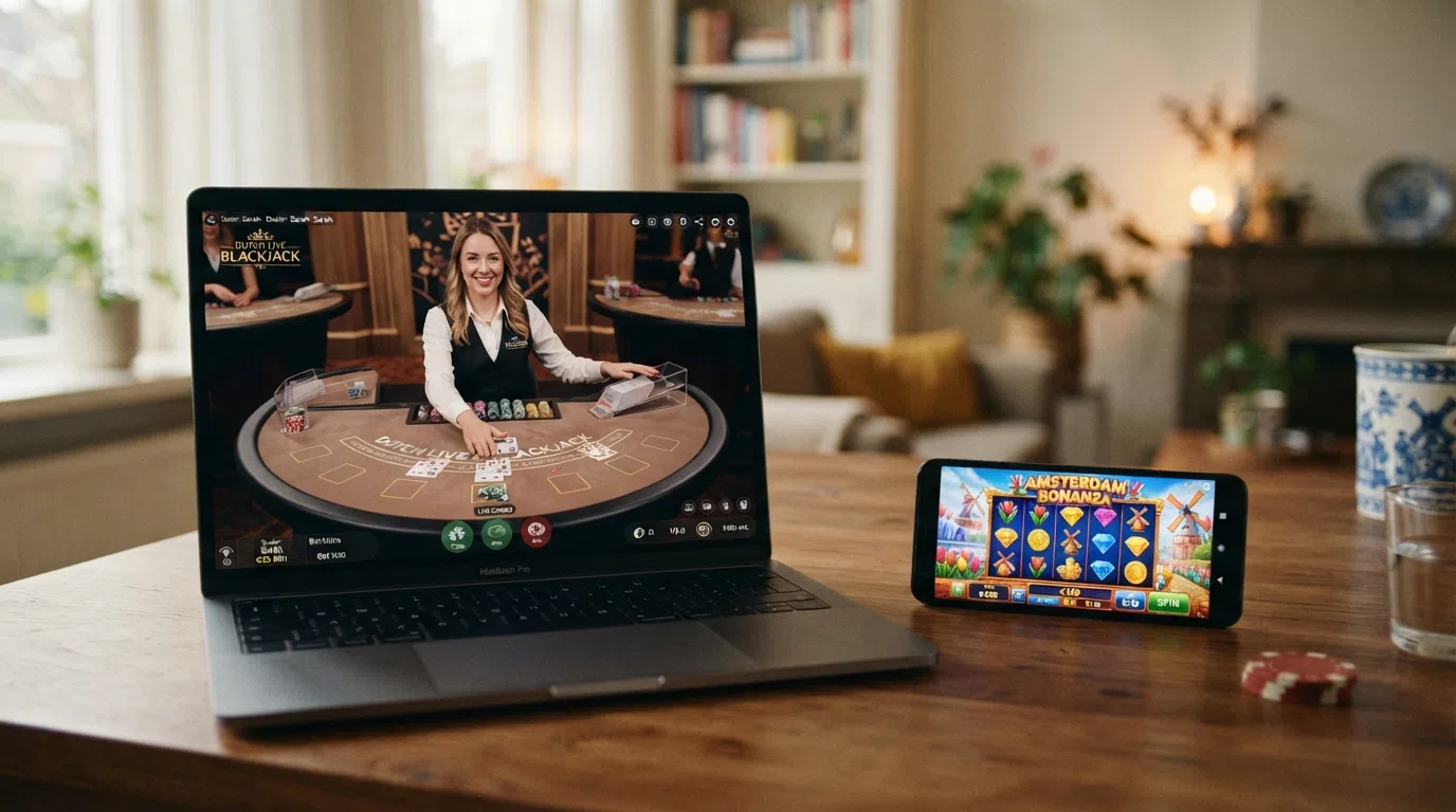 Een laptopscherm met een live blackjack-tafel en een dealer in beeld, geflankeerd door een mobiele telefoon met daarop een kleurrijke gokkast