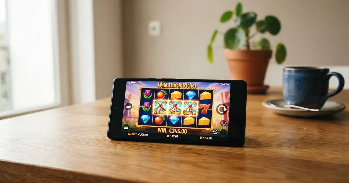 Een smartphone die een online casino-interface toont, met een slot op het scherm en géén zichtbaar registratieformulier — de belofte van Pay N Play in één beeld