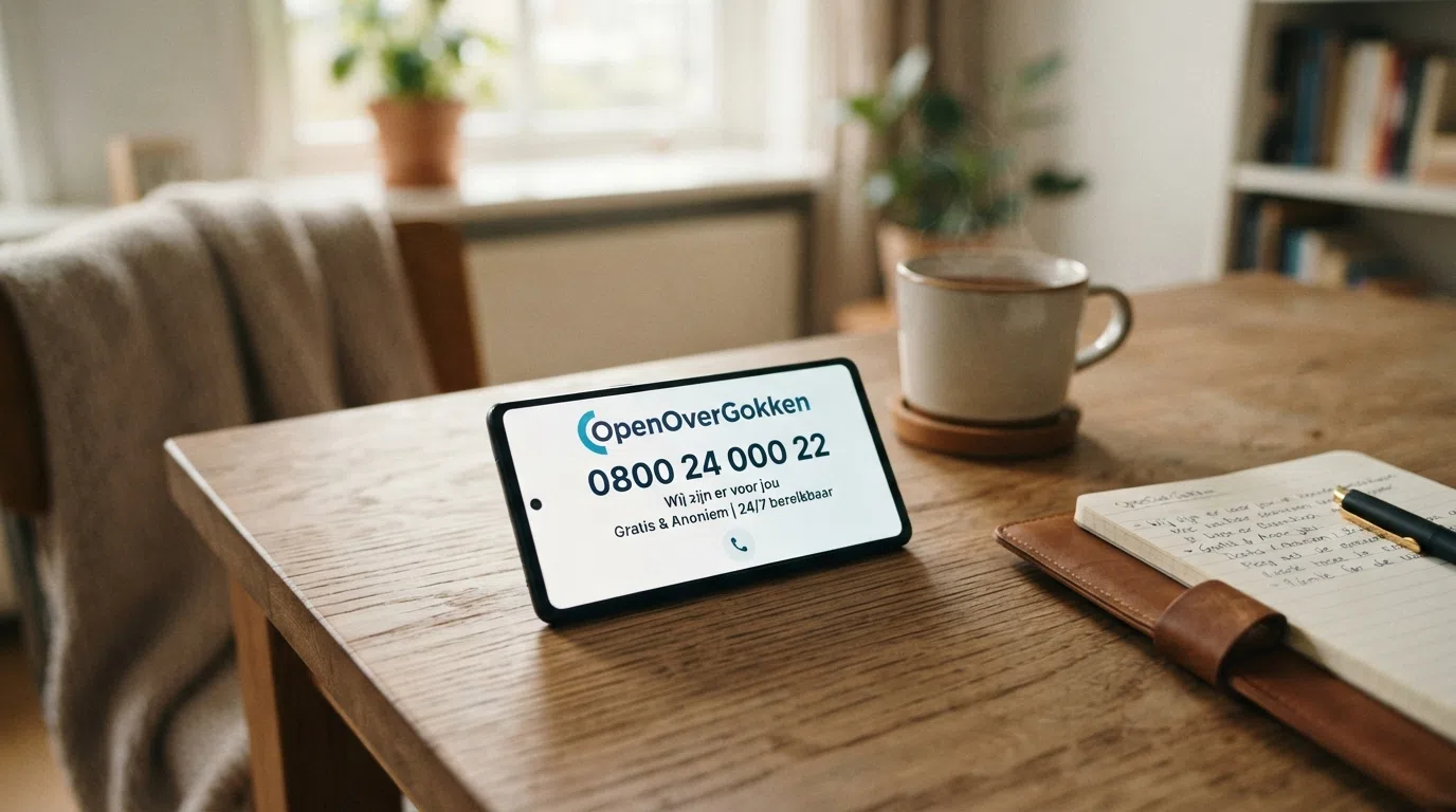 Een telefoonscherm met het OpenOverGokken-logo, het telefoonnummer 0800 24 000 22 prominent in beeld, met op de achtergrond een kalme, ondersteunende setting
