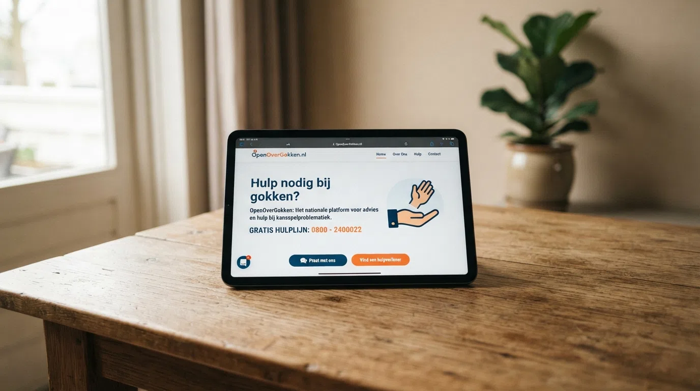 De homepage van OpenOverGokken met het gratis hulpnummer 0800-2400022 duidelijk in beeld