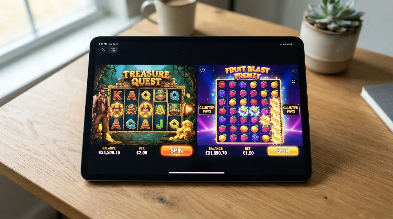 Screenshots van Book of Dead en Sweet Bonanza naast elkaar op een tablet, met het spelmenu van een casino zichtbaar op de achtergrond