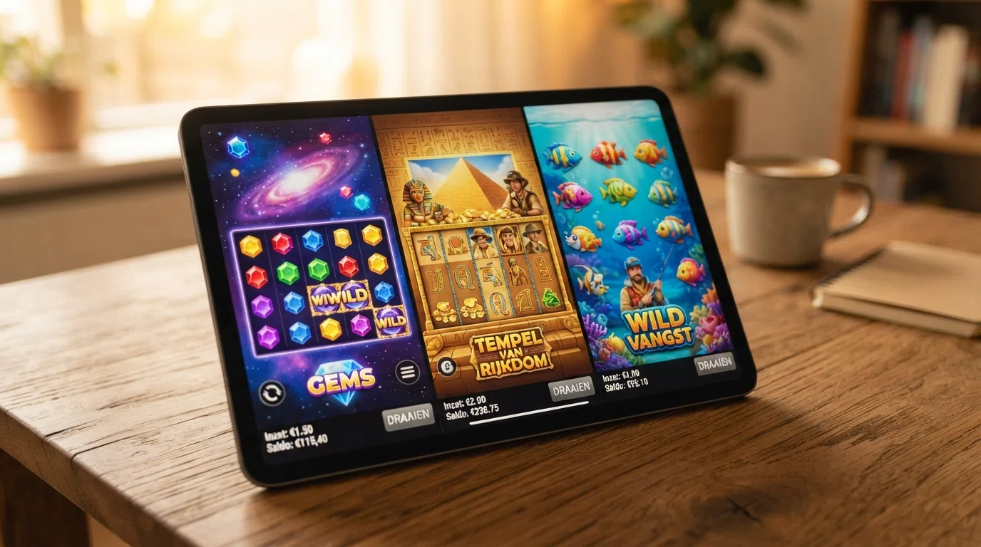 Drie gokkast-tegels van Starburst, Book of Dead en Big Bass Bonanza met hun RTP-percentages en volatiliteit uitgelicht