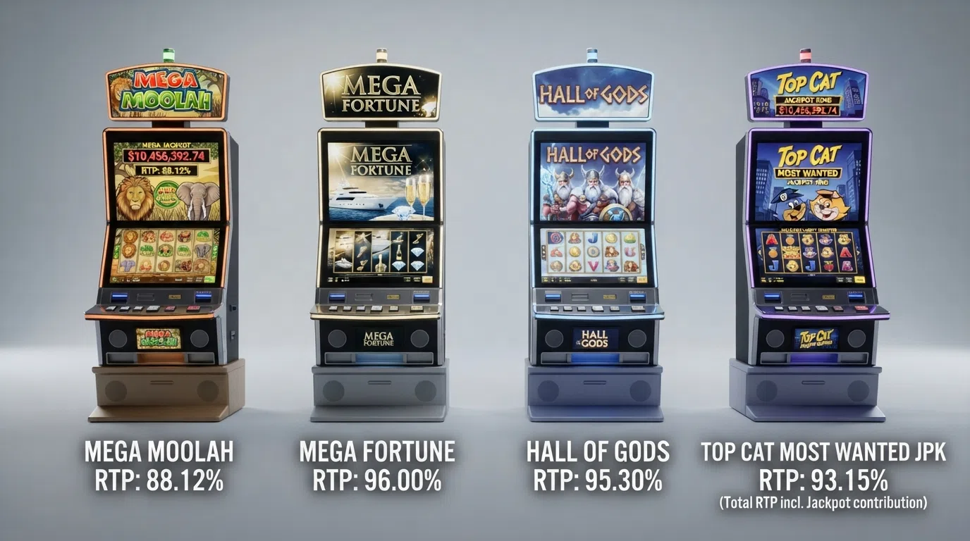 Vier jackpot slots naast elkaar op een scherm: Mega Moolah, Mega Fortune, Hall of Gods en Top Cat Most Wanted Jackpot King, met RTP-percentages zichtbaar