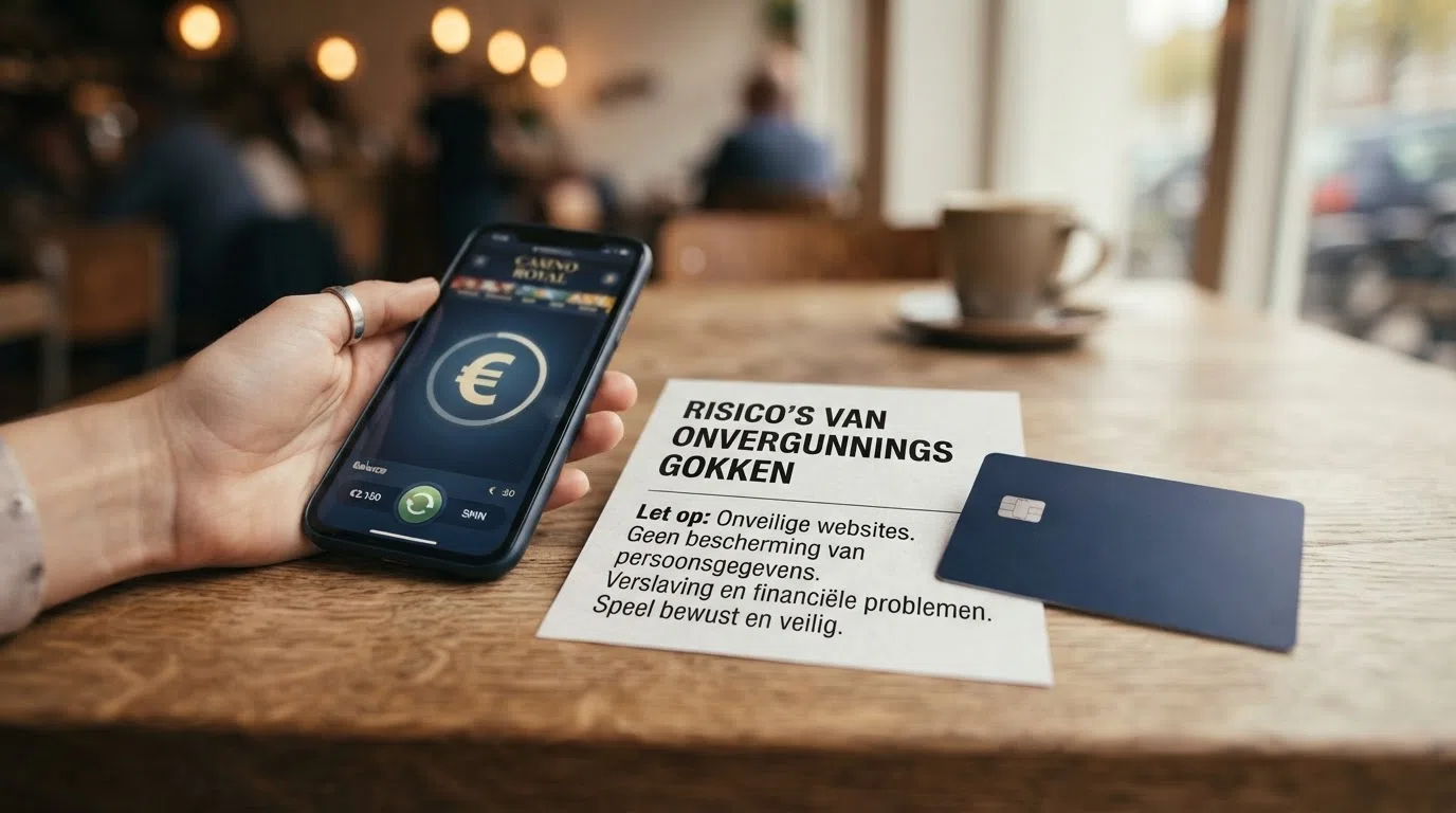 Een visuele vergelijking: links een Nederlandse speler met iconen voor CRUKS-bescherming, stortingslimiet en geschillenloket, rechts een speler bij een onvergunde site zonder deze iconen — met een waarschuwingssymbool