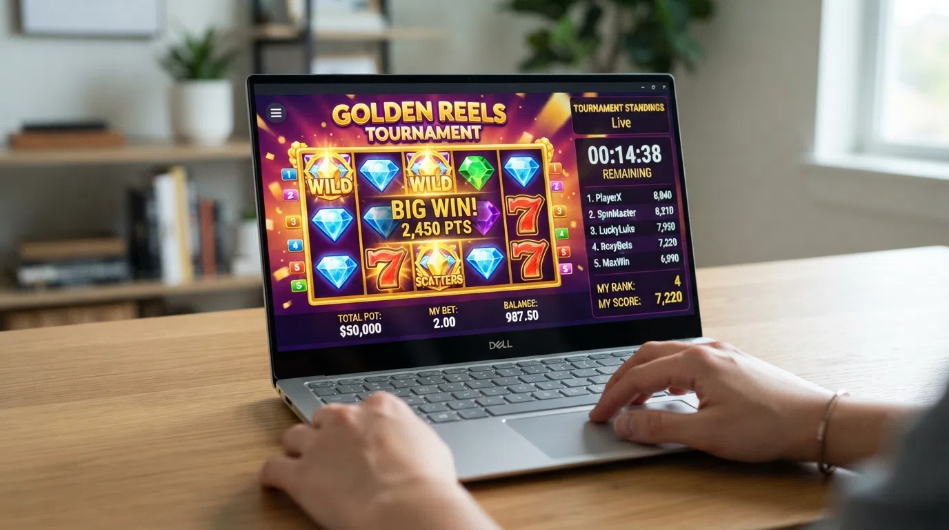 Een smartphone of laptopscherm met een live slots-toernooi, de gokkast in beeld met een leaderboard aan de zijkant en een timer die aftelt
