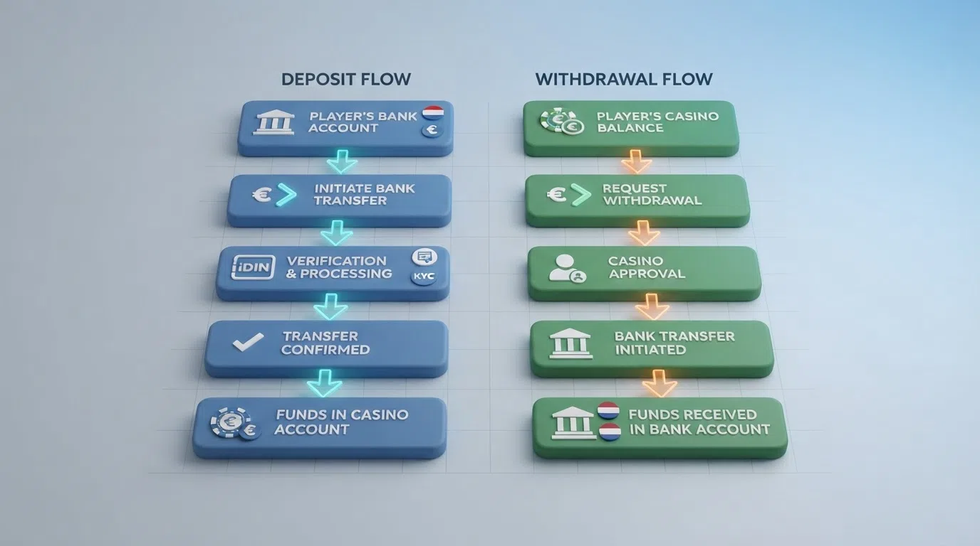 Een schematische weergave van het stortings- en uitbetalingsproces via bankoverschrijving bij een online casino, van bankrekening naar speelrekening en terug