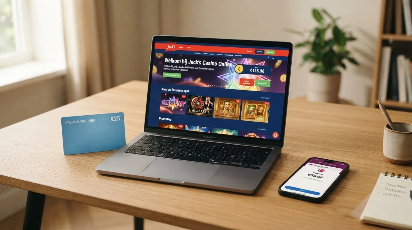 Een laptopscherm met de logo's van Trustly, iDEAL en Paysafecard naast elkaar, met een pijl die een storting van een bankrekening naar een casino symboliseert