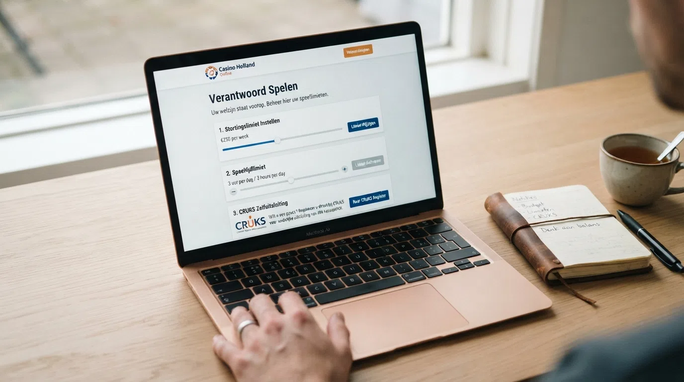 Een instellingenscherm van een online casino met opties voor stortingslimieten, speeltijdlimieten en een CRUKS-verwijzing.